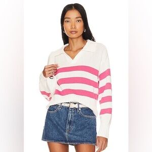 Pistola Womens Pink White Striped Polo Collar Knit‎ Sweater Large Long Sleeve